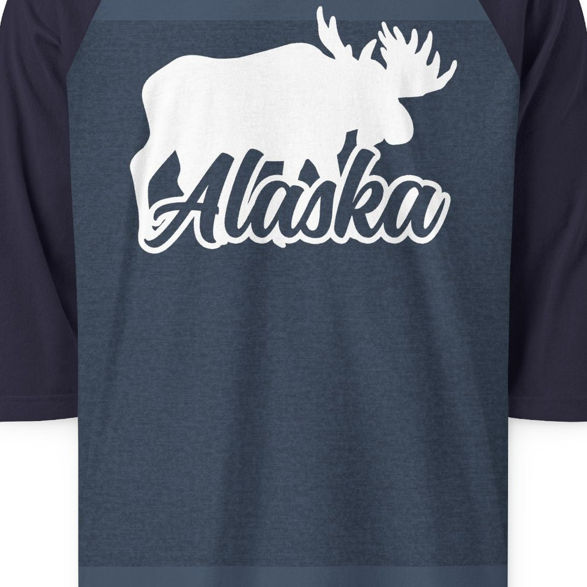 Alaska Moose Wildlife Silhouette Shirt 3/4 Sleeve Raglan Shirt – Heather Denim/Navy – Alaska Cruise Shirts Close Up