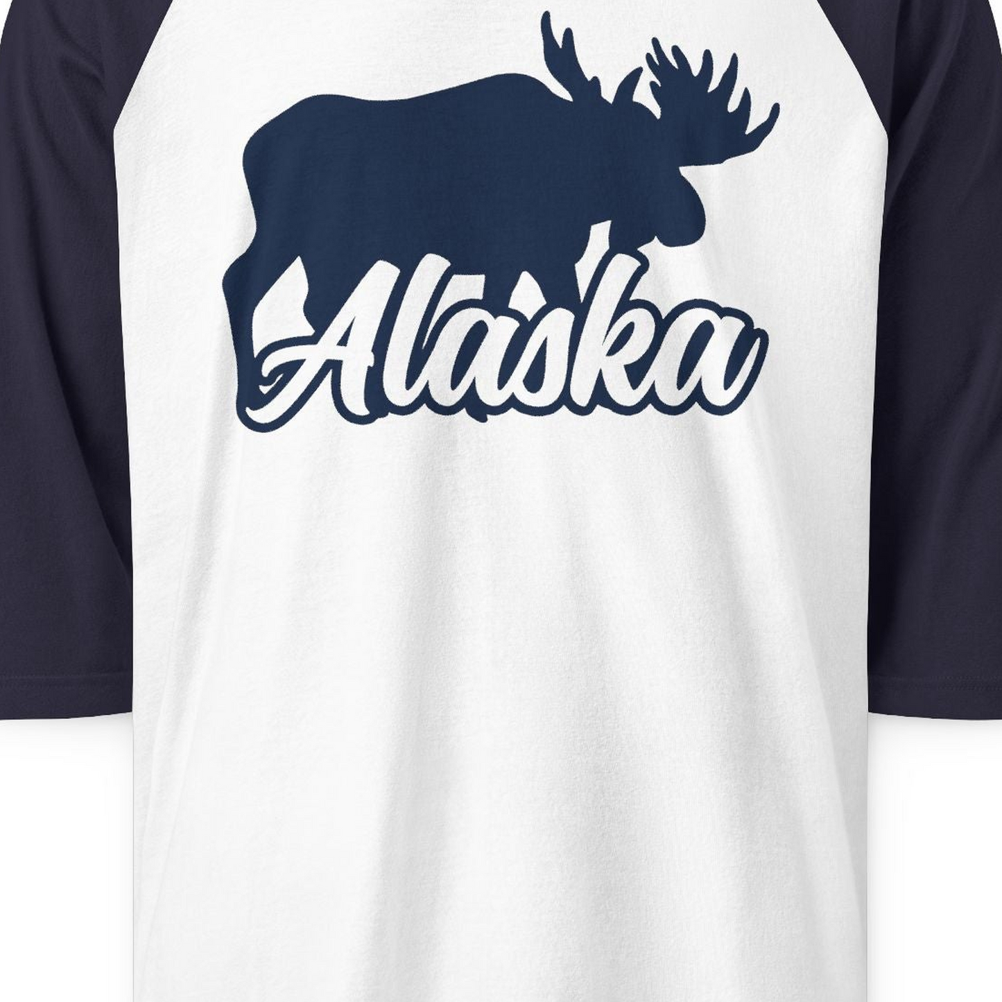 Alaska Moose Wildlife Silhouette Shirt 3/4 Sleeve Raglan Shirt – White/Navy – Alaska Cruise Shirts Close Up