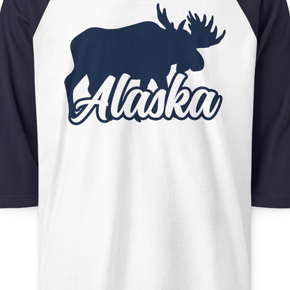 Alaska Moose Wildlife Silhouette Shirt 3/4 Sleeve Raglan Shirt – White/Navy – Alaska Cruise Shirts Close Up