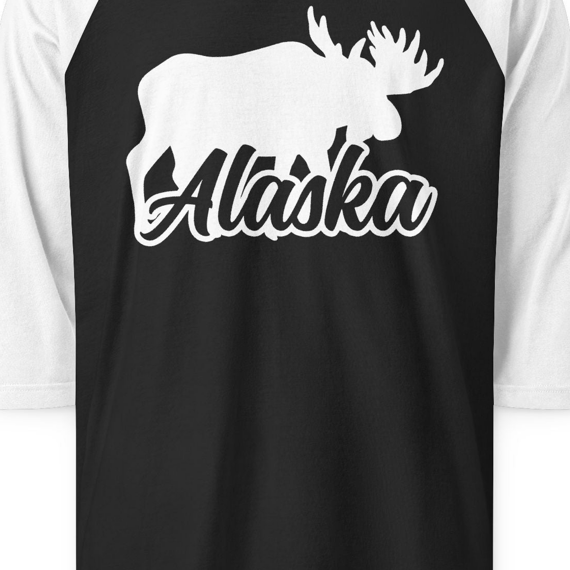 Alaska Moose Wildlife Silhouette Shirt 3/4 Sleeve Raglan Shirt – Black/White – Alaska Cruise Shirts Close Up