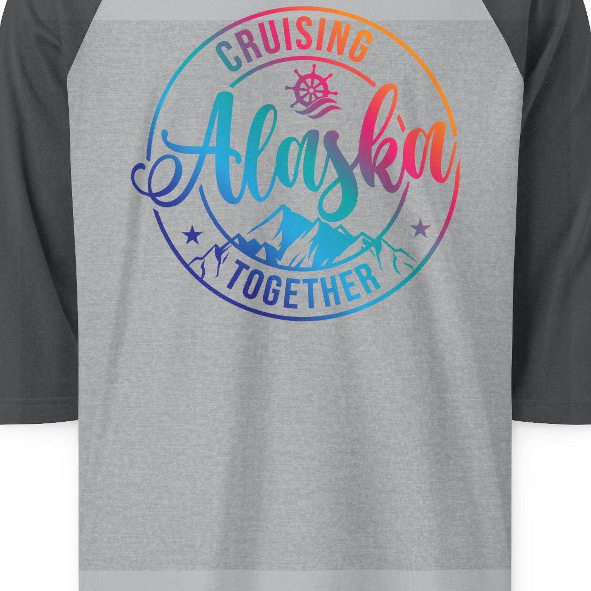 Cruising Alaska Together Shirt 3/4 Sleeve Raglan Shirt – Heather Grey/Heather Charcoal – Alaska Cruise Shirts Close Up