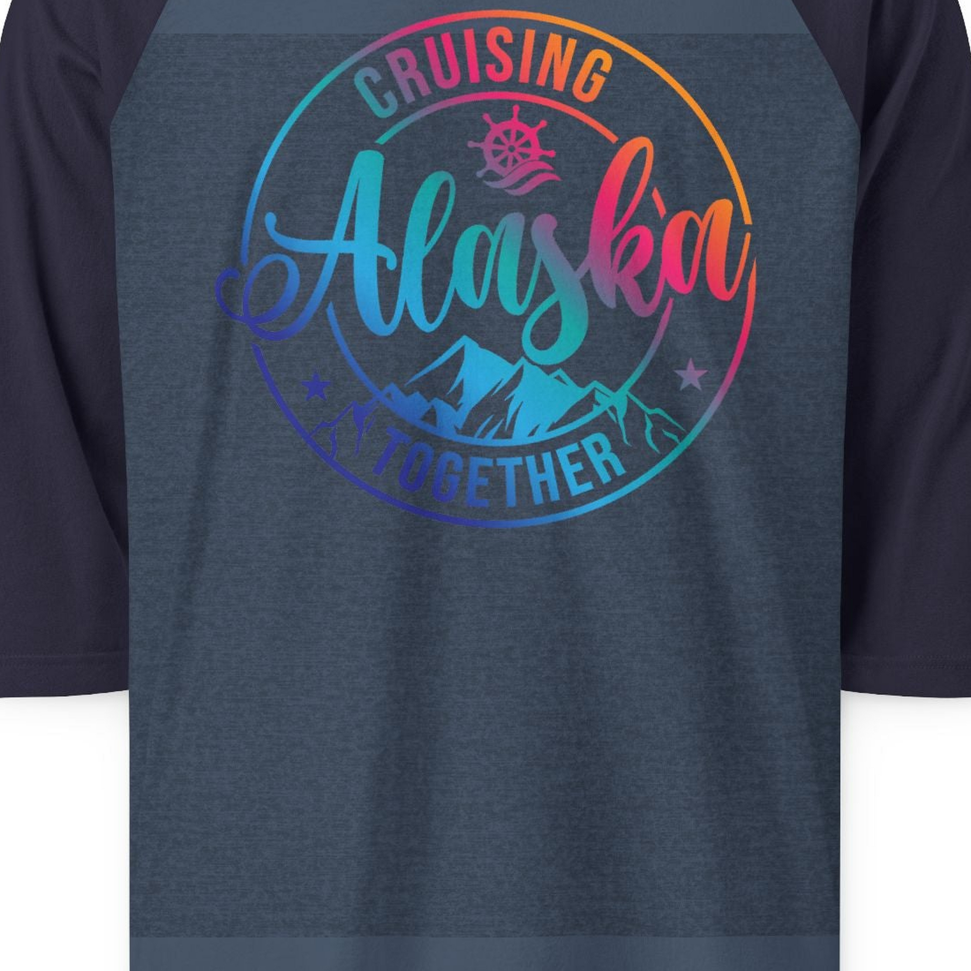 Cruising Alaska Together Shirt 3/4 Sleeve Raglan Shirt – Heather Denim/Navy – Alaska Cruise Shirts Close Up