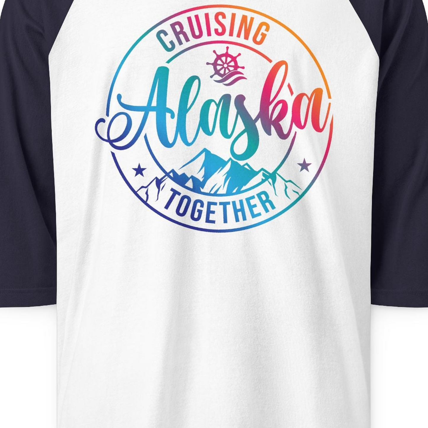 Cruising Alaska Together Shirt 3/4 Sleeve Raglan Shirt – White/Navy – Alaska Cruise Shirts Close Up