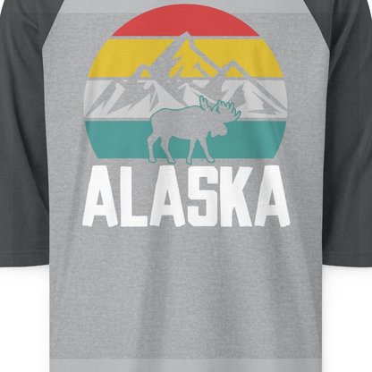 Retro Alaska Moose Silhouette Shirt 3/4 Sleeve Raglan Shirt – Heather Grey/Heather Charcoal – Alaska Cruise Shirts Close Up