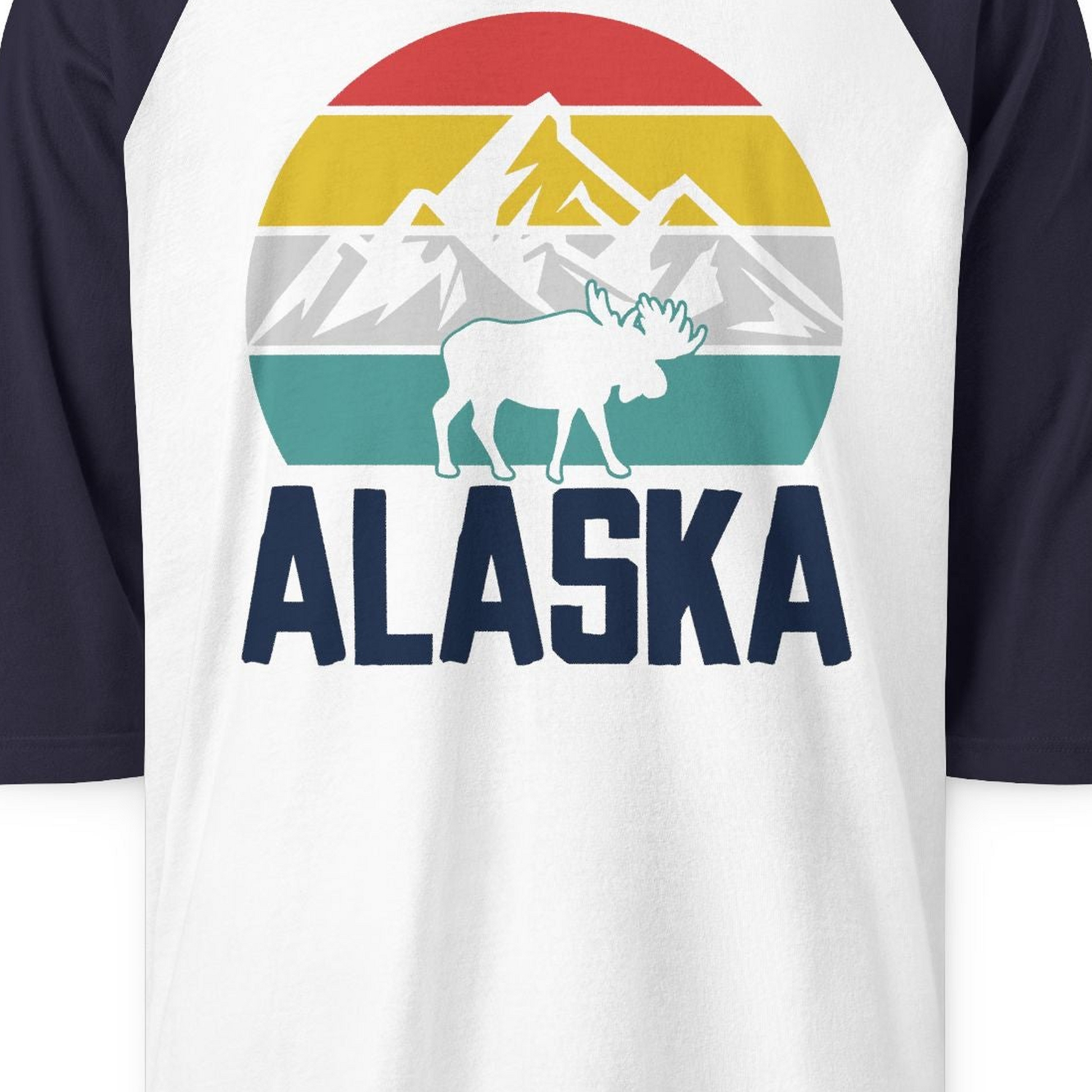Retro Alaska Moose Silhouette Shirt 3/4 Sleeve Raglan Shirt – White/Navy – Alaska Cruise Shirts Close Up