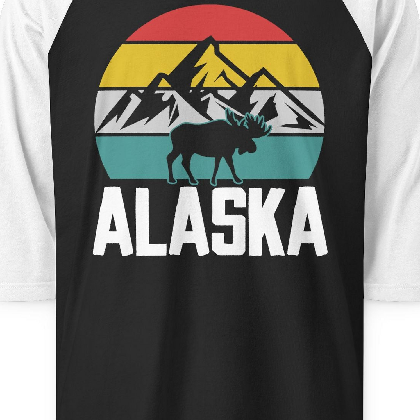 Retro Alaska Moose Silhouette Shirt 3/4 Sleeve Raglan Shirt – Black/White – Alaska Cruise Shirts Close Up