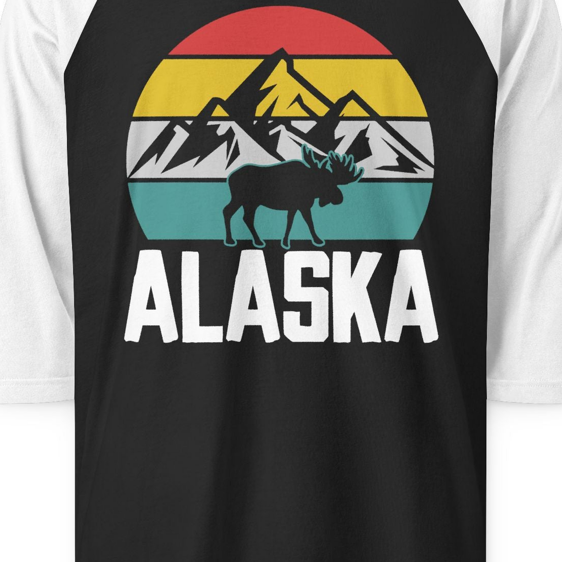 Retro Alaska Moose Silhouette Shirt 3/4 Sleeve Raglan Shirt – Black/White – Alaska Cruise Shirts Close Up