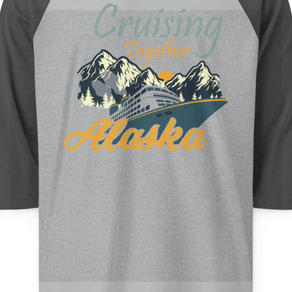 Cruising Together Alaska Mountains Family Alaska Cruise Adventure Shirt — 3/4 Sleeve 3/4 Sleeve Raglan Shirt – Heather Grey/Heather Charcoal – Alaska Cruise Shirts Close Up