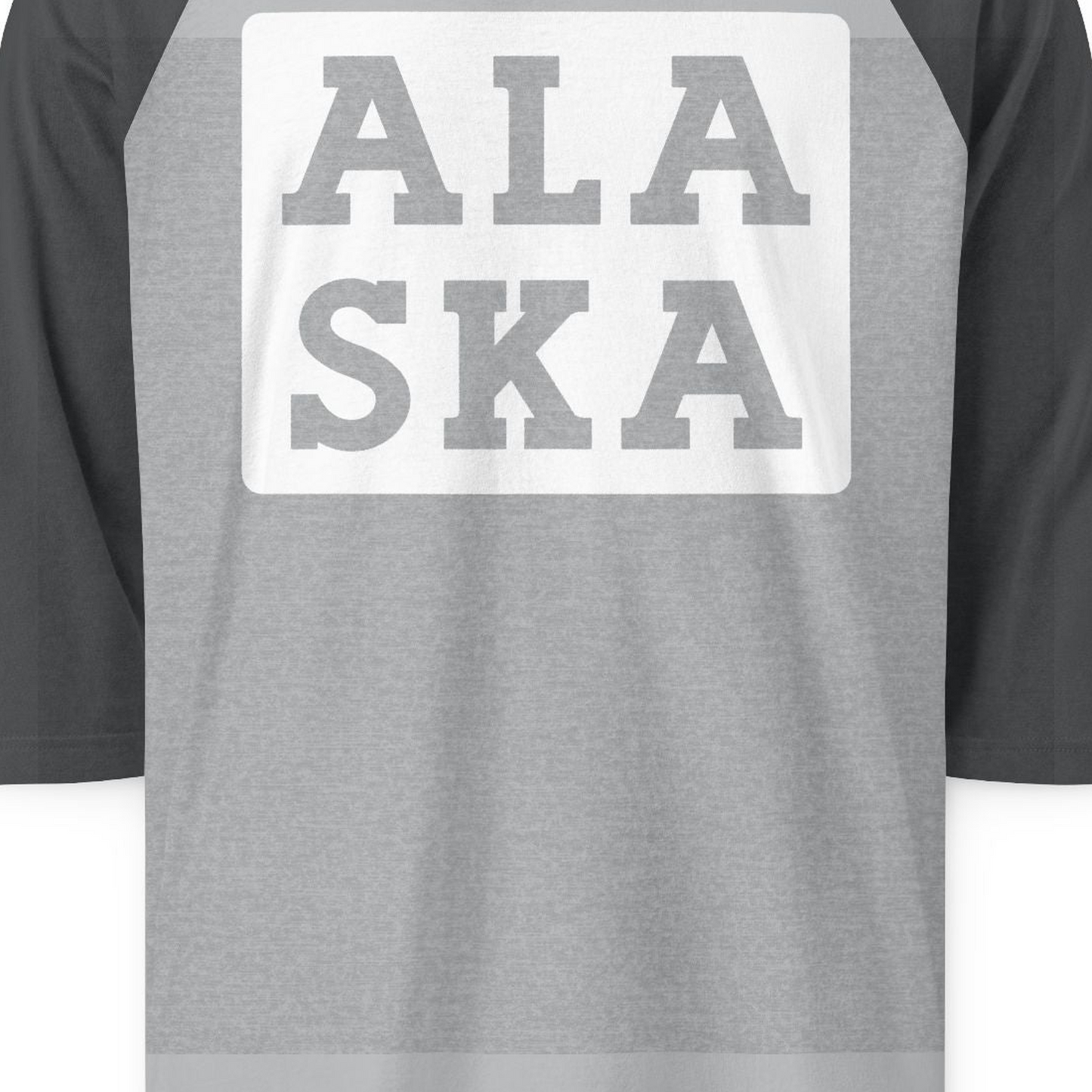 Bold Alaska Block Text Shirt 3/4 Sleeve Raglan Shirt – Heather Grey/Heather Charcoal – Alaska Cruise Shirts Close Up