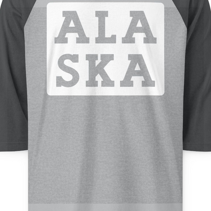 Bold Alaska Block Text Shirt 3/4 Sleeve Raglan Shirt – Heather Grey/Heather Charcoal – Alaska Cruise Shirts Close Up