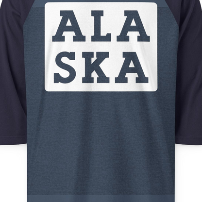 Bold Alaska Block Text Shirt 3/4 Sleeve Raglan Shirt – Heather Denim/Navy – Alaska Cruise Shirts Close Up