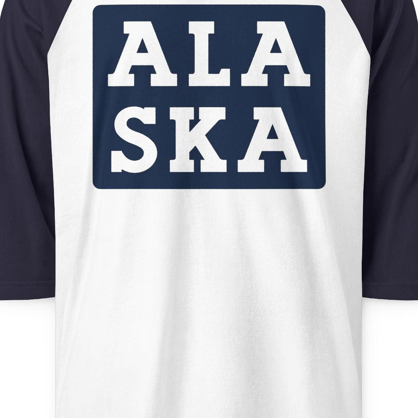 Bold Alaska Block Text Shirt 3/4 Sleeve Raglan Shirt – White/Navy – Alaska Cruise Shirts Close Up