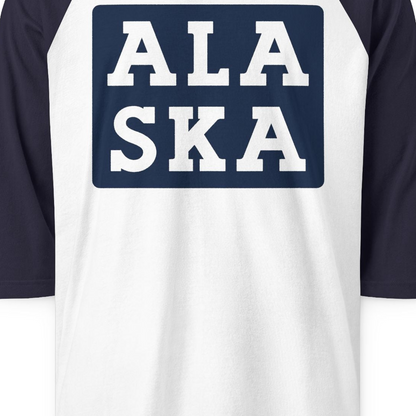 Bold Alaska Block Text Shirt 3/4 Sleeve Raglan Shirt – White/Navy – Alaska Cruise Shirts Close Up