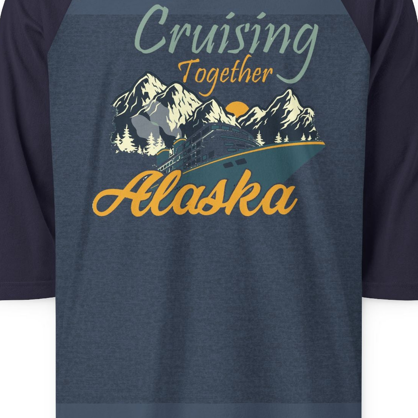 Cruising Together Alaska Mountains Family Alaska Cruise Adventure Shirt — 3/4 Sleeve 3/4 Sleeve Raglan Shirt – Heather Denim/Navy – Alaska Cruise Shirts Close Up