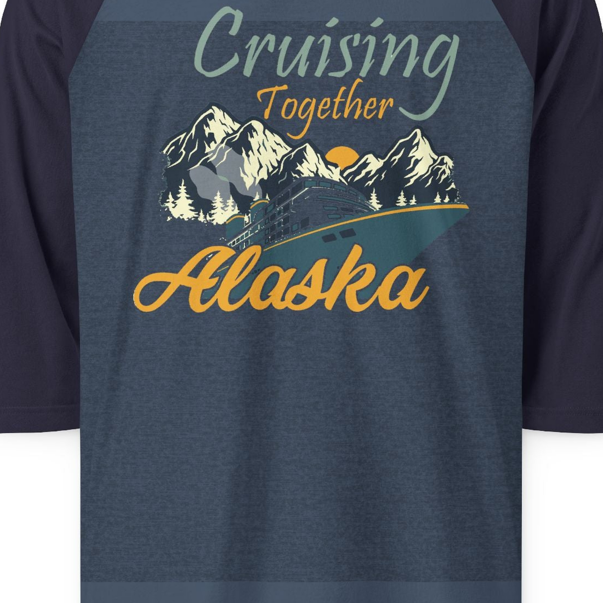 Cruising Together Alaska Mountains Family Alaska Cruise Adventure Shirt — 3/4 Sleeve 3/4 Sleeve Raglan Shirt – Heather Denim/Navy – Alaska Cruise Shirts Close Up