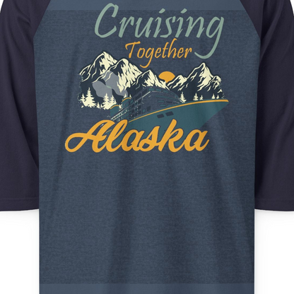 Cruising Together Alaska Mountains Family Alaska Cruise Adventure Shirt — 3/4 Sleeve 3/4 Sleeve Raglan Shirt – Heather Denim/Navy – Alaska Cruise Shirts Close Up