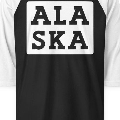 Bold Alaska Block Text Shirt 3/4 Sleeve Raglan Shirt – Black/White – Alaska Cruise Shirts Close Up