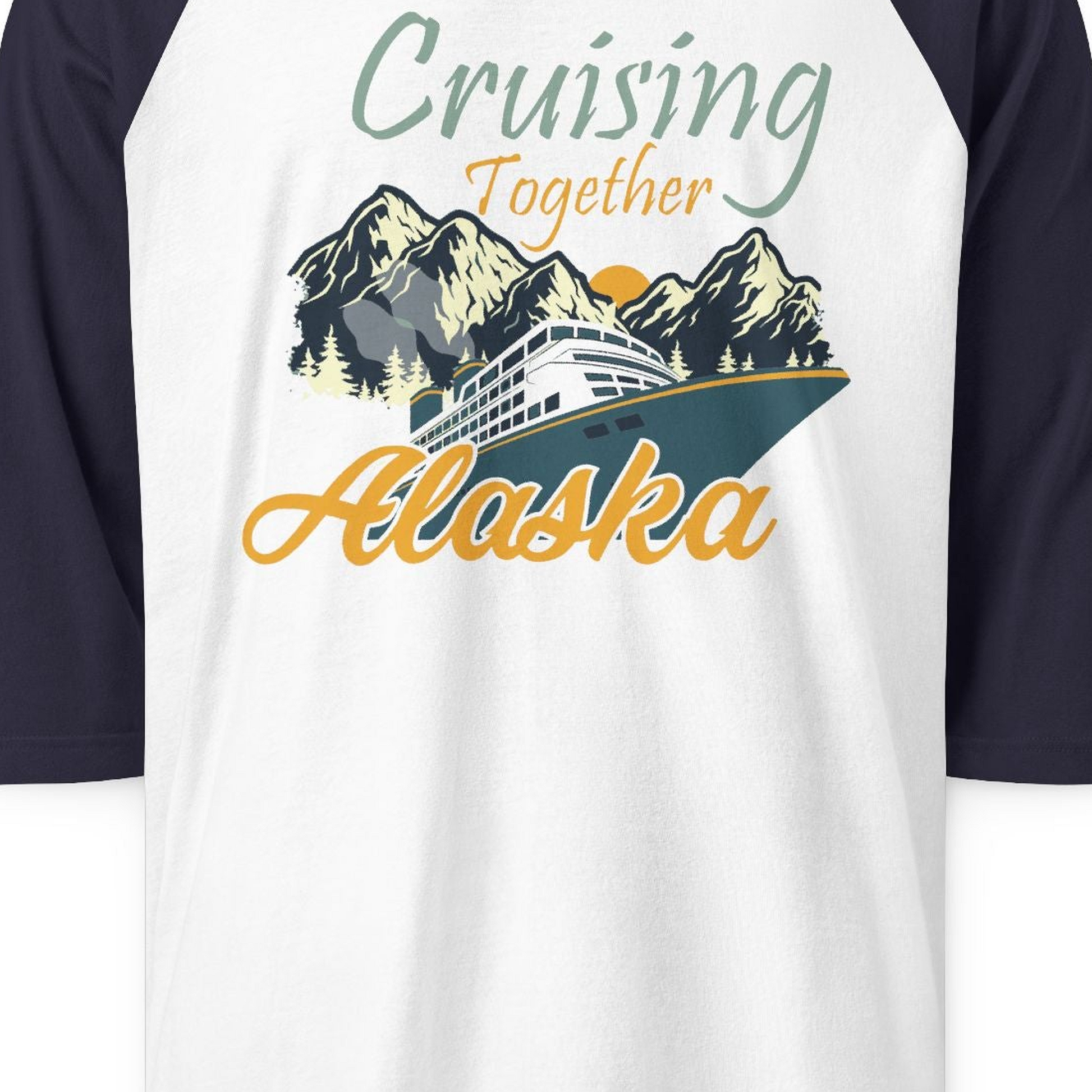 Cruising Together Alaska Mountains Family Alaska Cruise Adventure Shirt — 3/4 Sleeve 3/4 Sleeve Raglan Shirt – White/Navy – Alaska Cruise Shirts Close Up