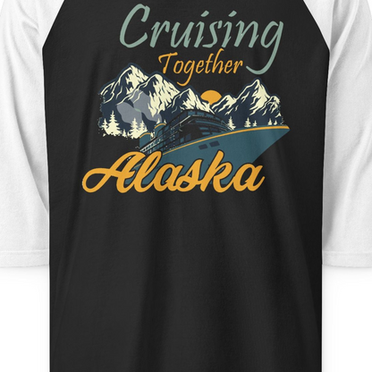 Cruising Together Alaska Mountains Family Alaska Cruise Adventure Shirt — 3/4 Sleeve 3/4 Sleeve Raglan Shirt – Black/White – Alaska Cruise Shirts Close Up