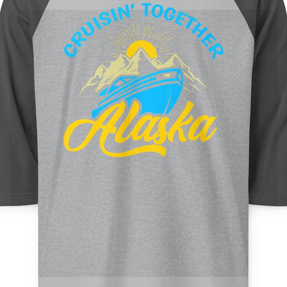 Alaska Cruise Adventure Mountains Sunrise Retro Shirt for Travelers — 3/4 Sleeve 3/4 Sleeve Raglan Shirt – Heather Grey/Heather Charcoal – Alaska Cruise Shirts Close Up