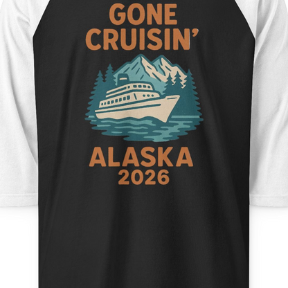 Gone Cruisin Alaska 2026 Retro Cruise Ship Nature Scenery Shirt — 3/4 Sleeve 3/4 Sleeve Raglan Shirt – Black/White – Alaska Cruise Shirts Close Up