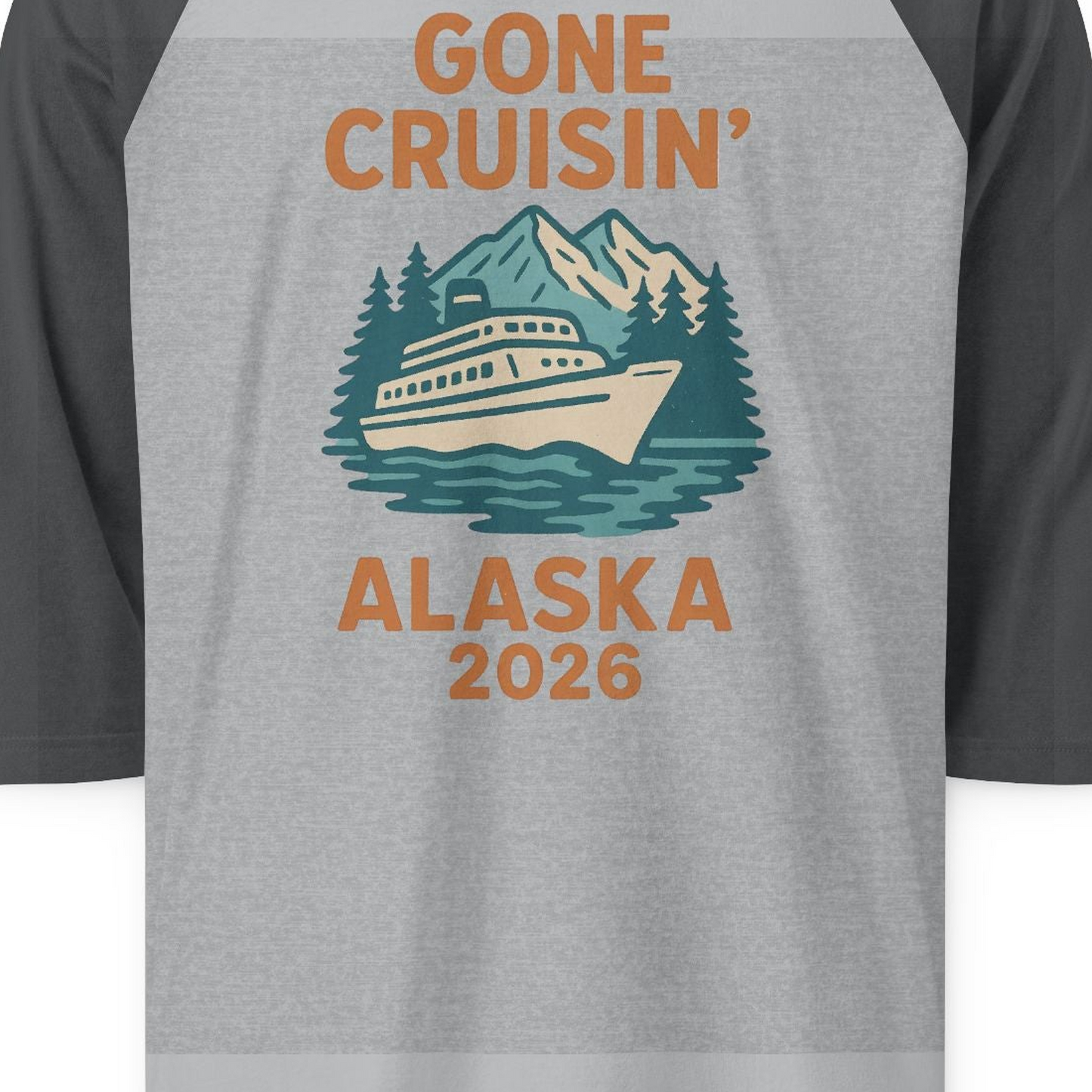 Gone Cruisin Alaska 2026 Retro Cruise Ship Nature Scenery Shirt — 3/4 Sleeve 3/4 Sleeve Raglan Shirt – Heather Grey/Heather Charcoal – Alaska Cruise Shirts Close Up
