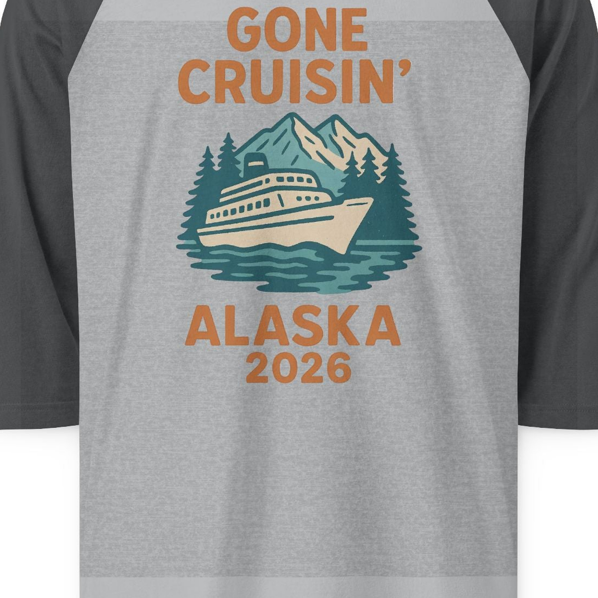 Gone Cruisin Alaska 2026 Retro Cruise Ship Nature Scenery Shirt — 3/4 Sleeve 3/4 Sleeve Raglan Shirt – Heather Grey/Heather Charcoal – Alaska Cruise Shirts Close Up
