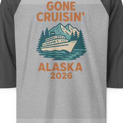 Gone Cruisin Alaska 2026 Retro Cruise Ship Nature Scenery Shirt — 3/4 Sleeve 3/4 Sleeve Raglan Shirt – Heather Grey/Heather Charcoal – Alaska Cruise Shirts Close Up