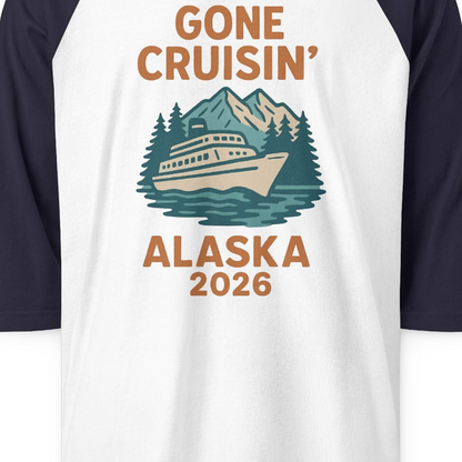 Gone Cruisin Alaska 2026 Retro Cruise Ship Nature Scenery Shirt — 3/4 Sleeve 3/4 Sleeve Raglan Shirt – White/Navy – Alaska Cruise Shirts Close Up