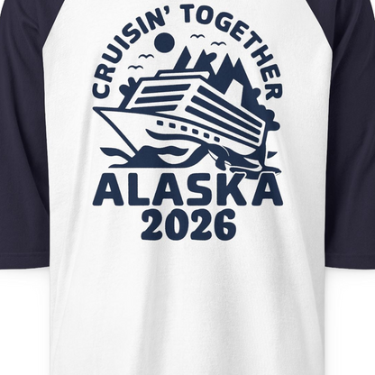 Cruisin Together Alaska Cruise Shirt 3/4 Sleeve Raglan Shirt – White/Navy – Alaska Cruise Shirts Close Up