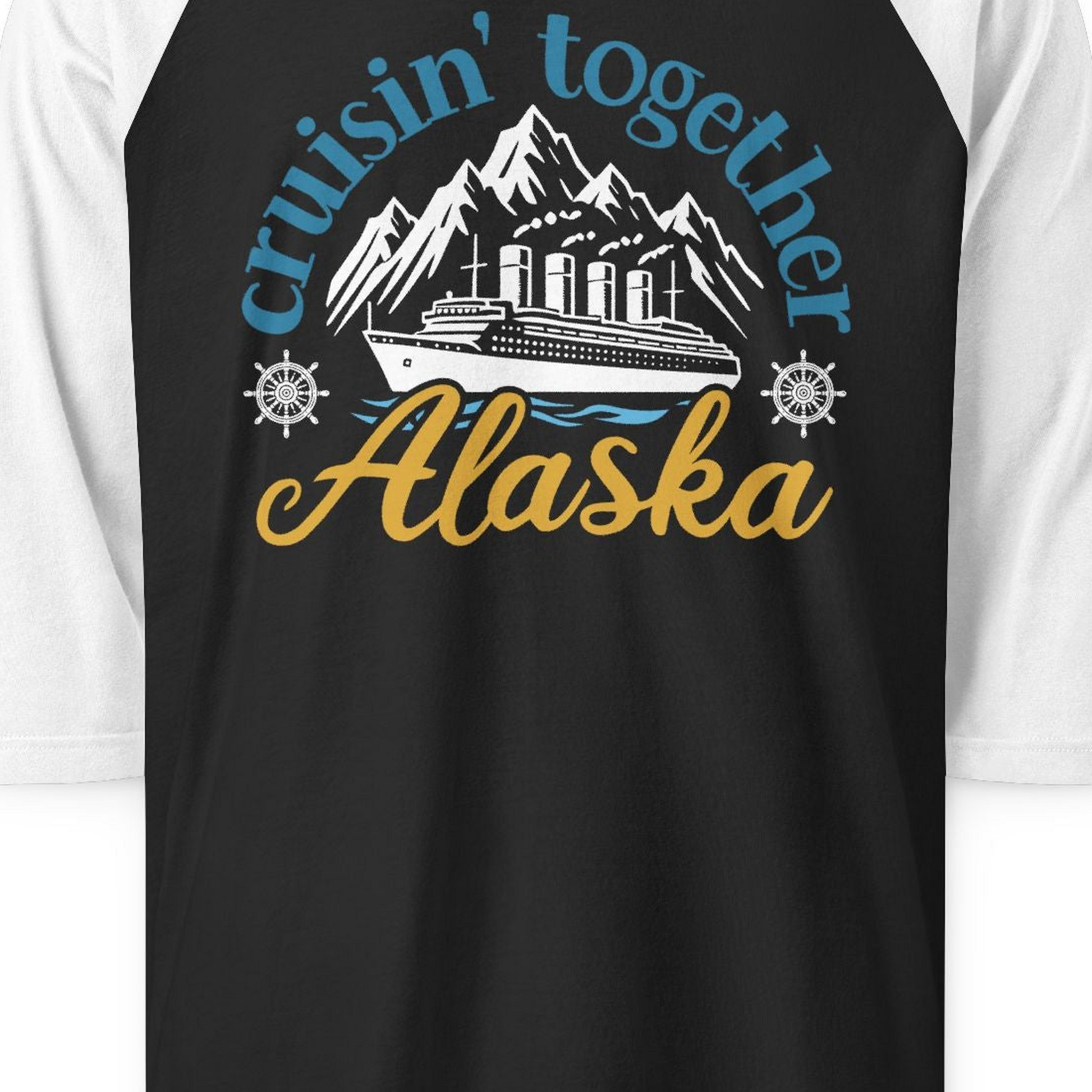 Alaska Cruise Adventure Shirt 3/4 Sleeve Raglan Shirt – Black/White – Alaska Cruise Shirts Close Up