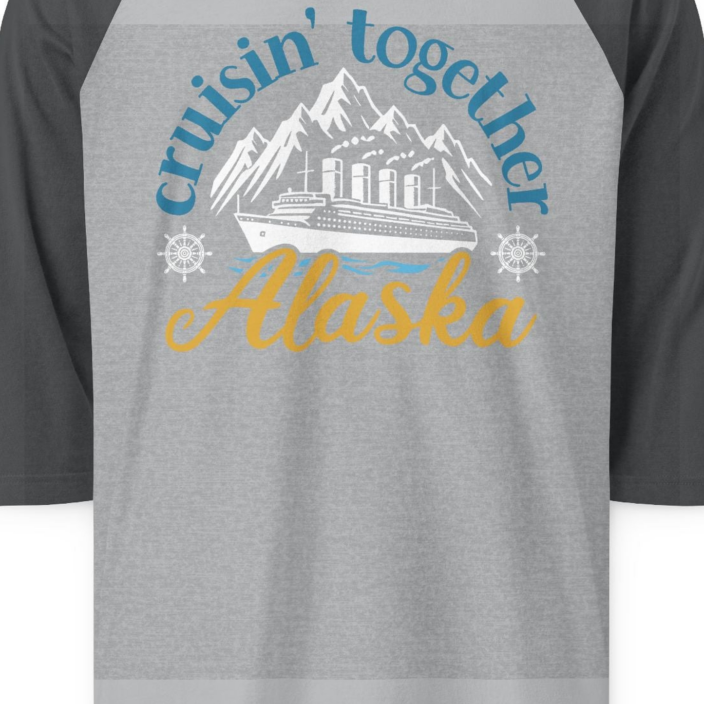 Alaska Cruise Adventure Shirt 3/4 Sleeve Raglan Shirt – Heather Grey/Heather Charcoal – Alaska Cruise Shirts Close Up