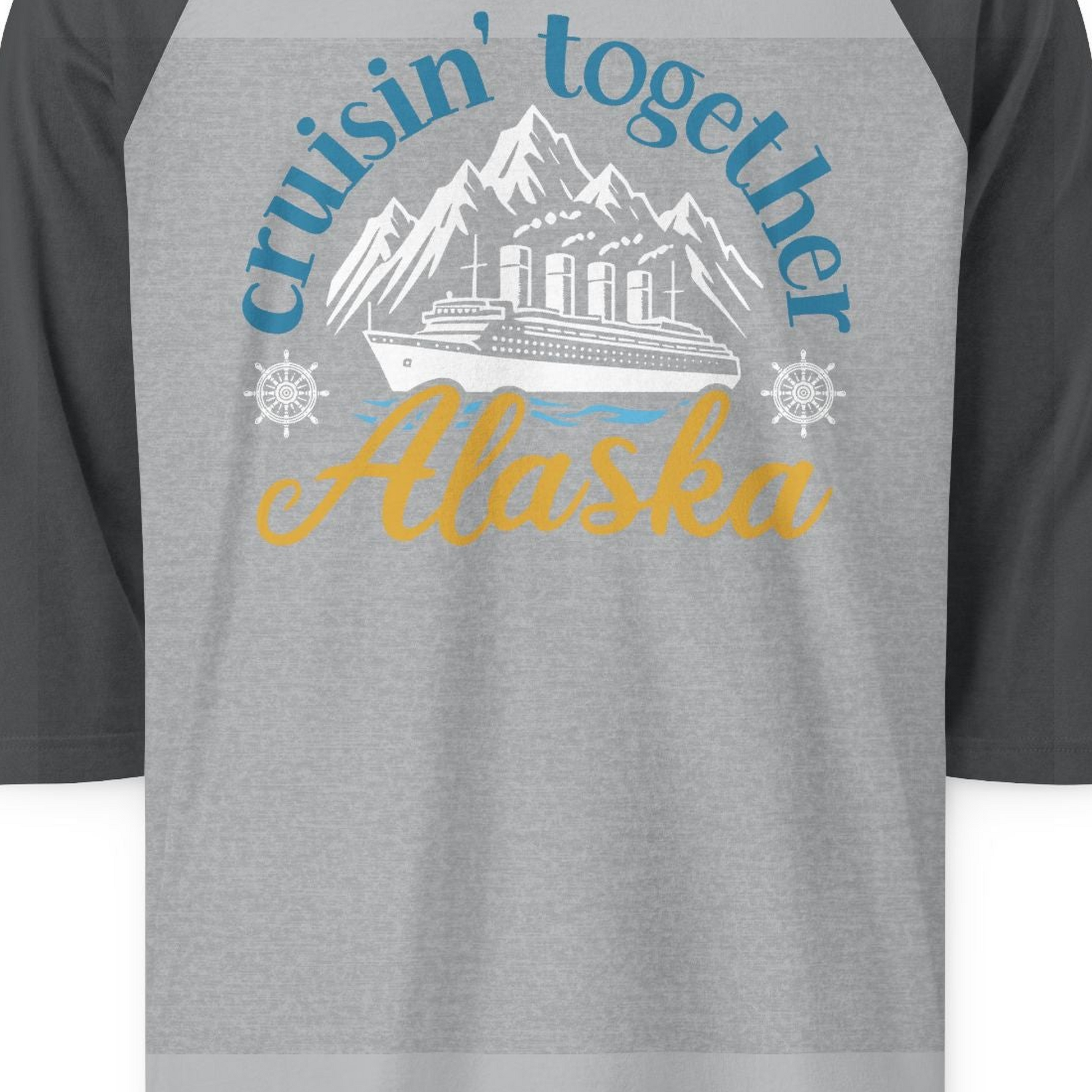 Alaska Cruise Adventure Shirt 3/4 Sleeve Raglan Shirt – Heather Grey/Heather Charcoal – Alaska Cruise Shirts Close Up
