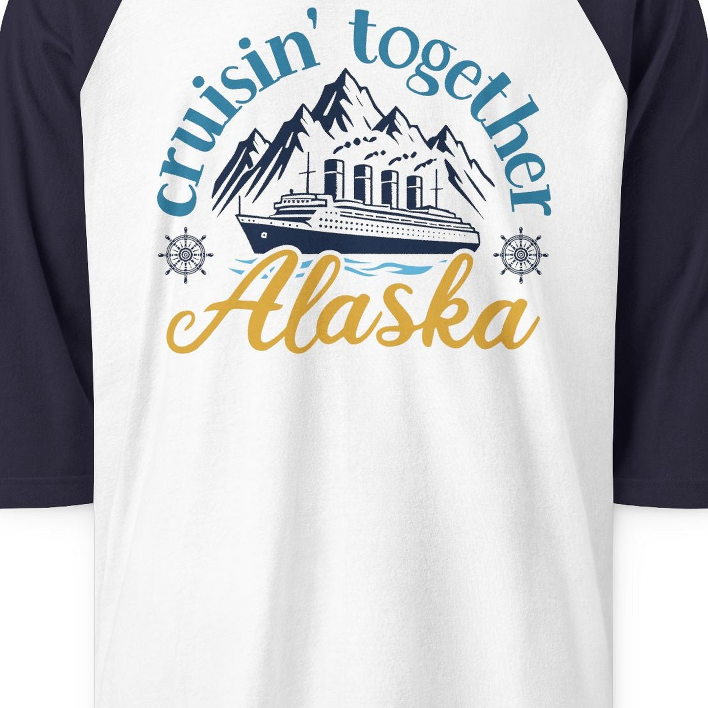 Alaska Cruise Adventure Shirt 3/4 Sleeve Raglan Shirt – White/Navy – Alaska Cruise Shirts Close Up