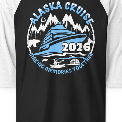 Alaska Cruise 2026 Shirt 3/4 Sleeve Raglan Shirt – Black/White – Alaska Cruise Shirts Close Up