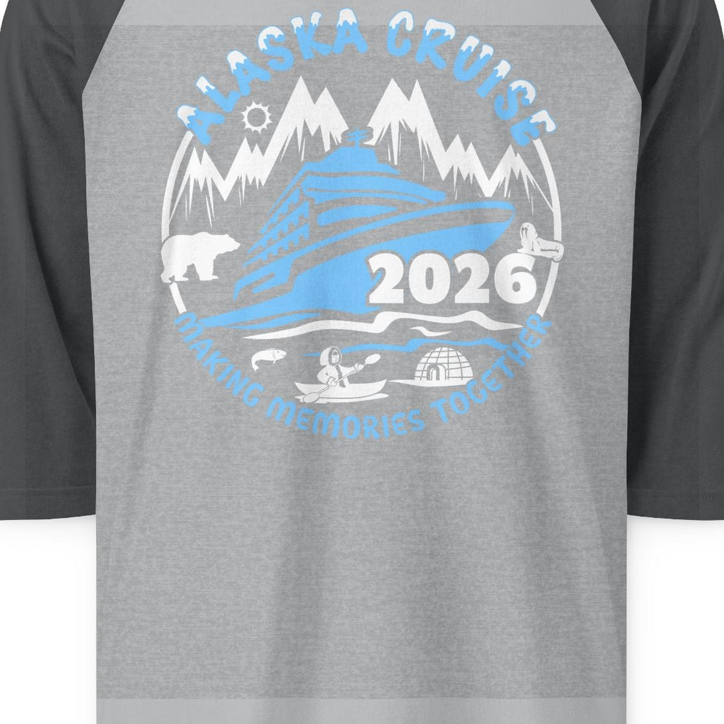 Alaska Cruise 2026 Shirt 3/4 Sleeve Raglan Shirt – Heather Grey/Heather Charcoal – Alaska Cruise Shirts Close Up