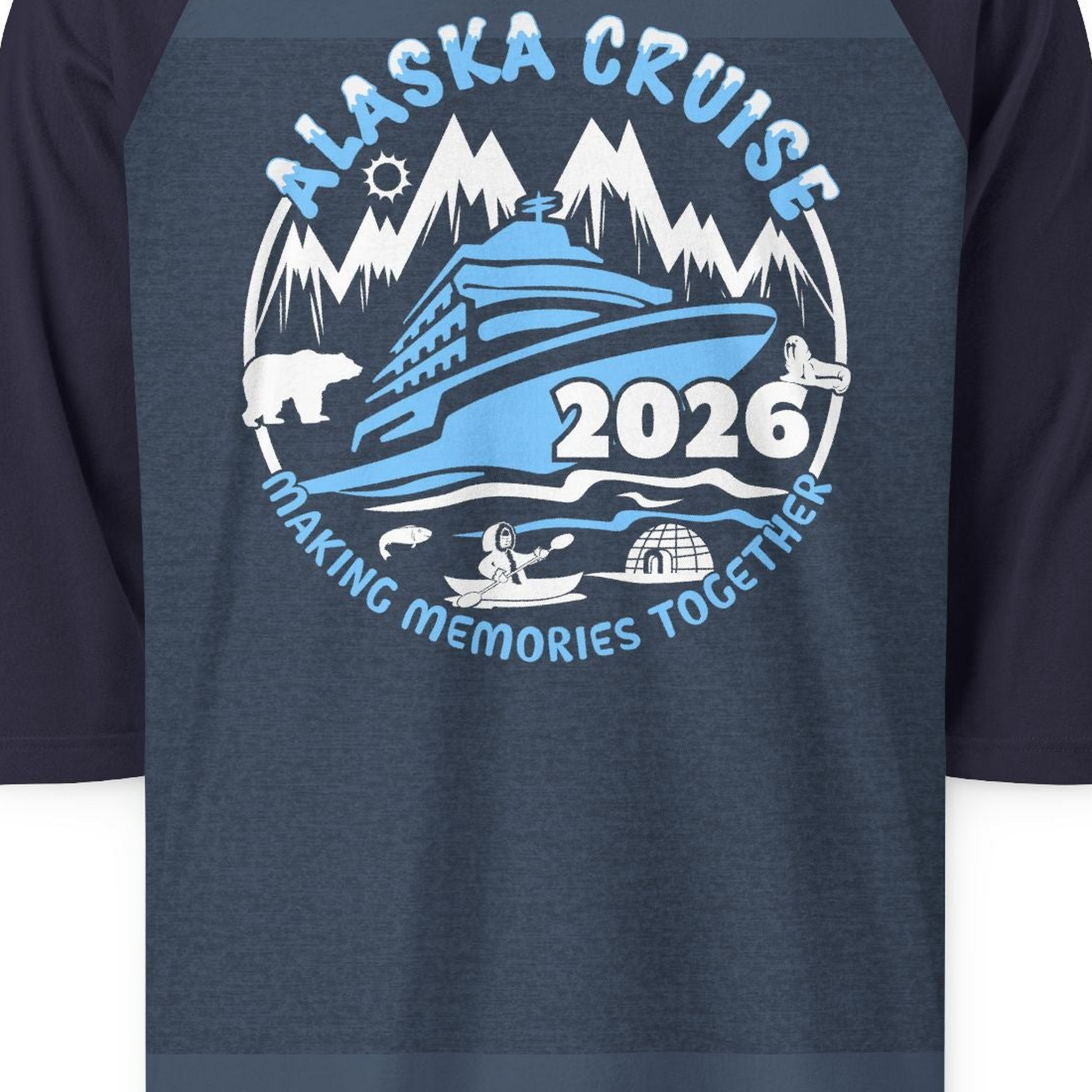 Alaska Cruise 2026 Shirt 3/4 Sleeve Raglan Shirt – Heather Denim/Navy – Alaska Cruise Shirts Close Up