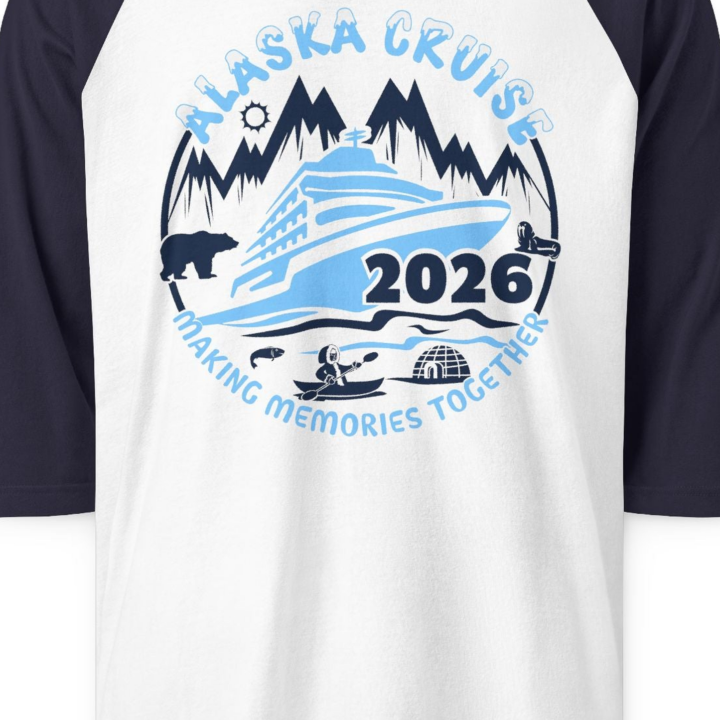 Alaska Cruise 2026 Shirt 3/4 Sleeve Raglan Shirt – White/Navy – Alaska Cruise Shirts Close Up