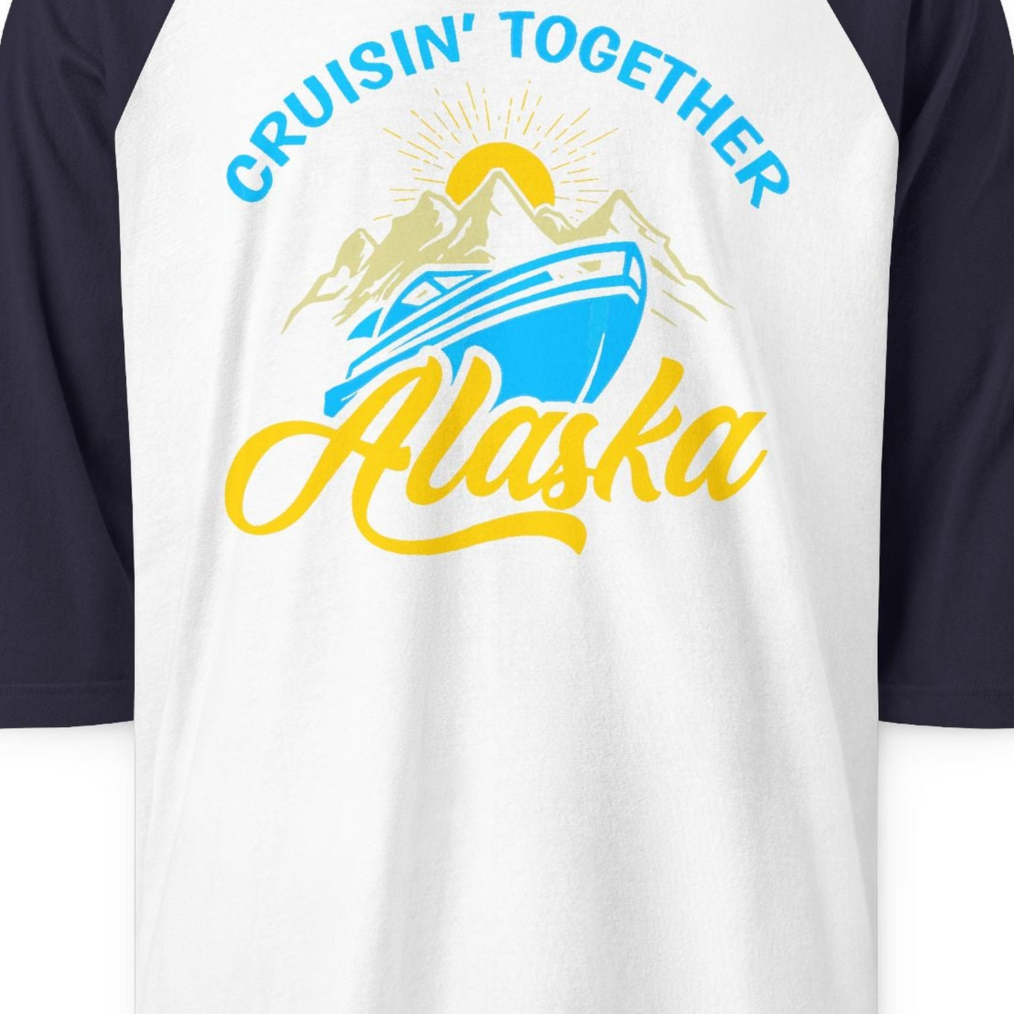 Alaska Cruise Adventure Mountains Sunrise Retro Shirt for Travelers — 3/4 Sleeve 3/4 Sleeve Raglan Shirt – White/Navy – Alaska Cruise Shirts Close Up