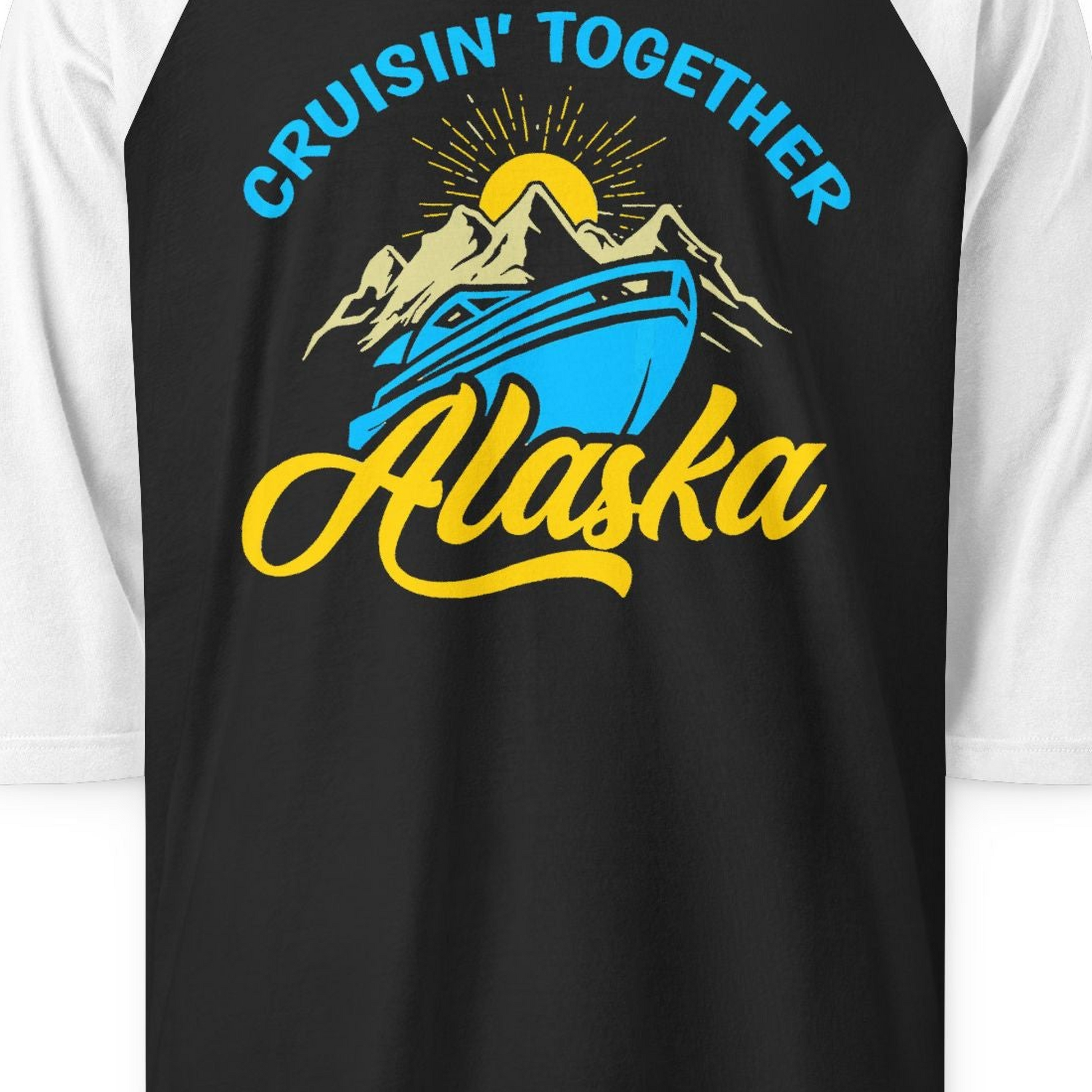 Alaska Cruise Adventure Mountains Sunrise Retro Shirt for Travelers — 3/4 Sleeve 3/4 Sleeve Raglan Shirt – Black/White – Alaska Cruise Shirts Close Up