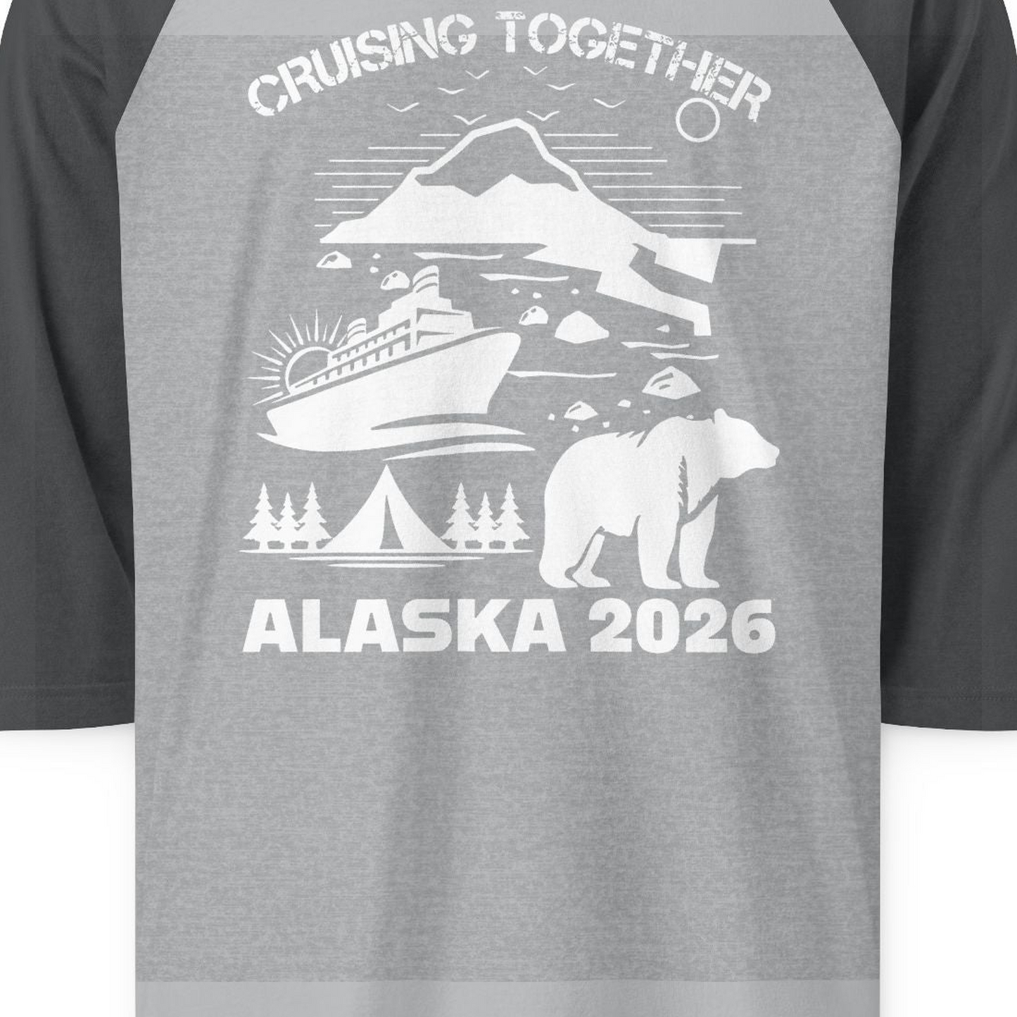 Alaska Cruise 2026 Family Adventure Bear Mountain Nature Shirt — 3/4 Sleeve 3/4 Sleeve Raglan Shirt – Heather Grey/Heather Charcoal – Alaska Cruise Shirts Close Up