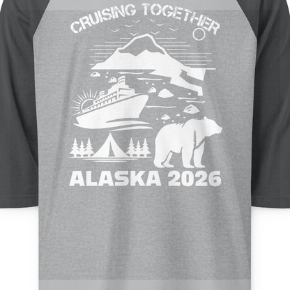 Alaska Cruise 2026 Family Adventure Bear Mountain Nature Shirt — 3/4 Sleeve 3/4 Sleeve Raglan Shirt – Heather Grey/Heather Charcoal – Alaska Cruise Shirts Close Up