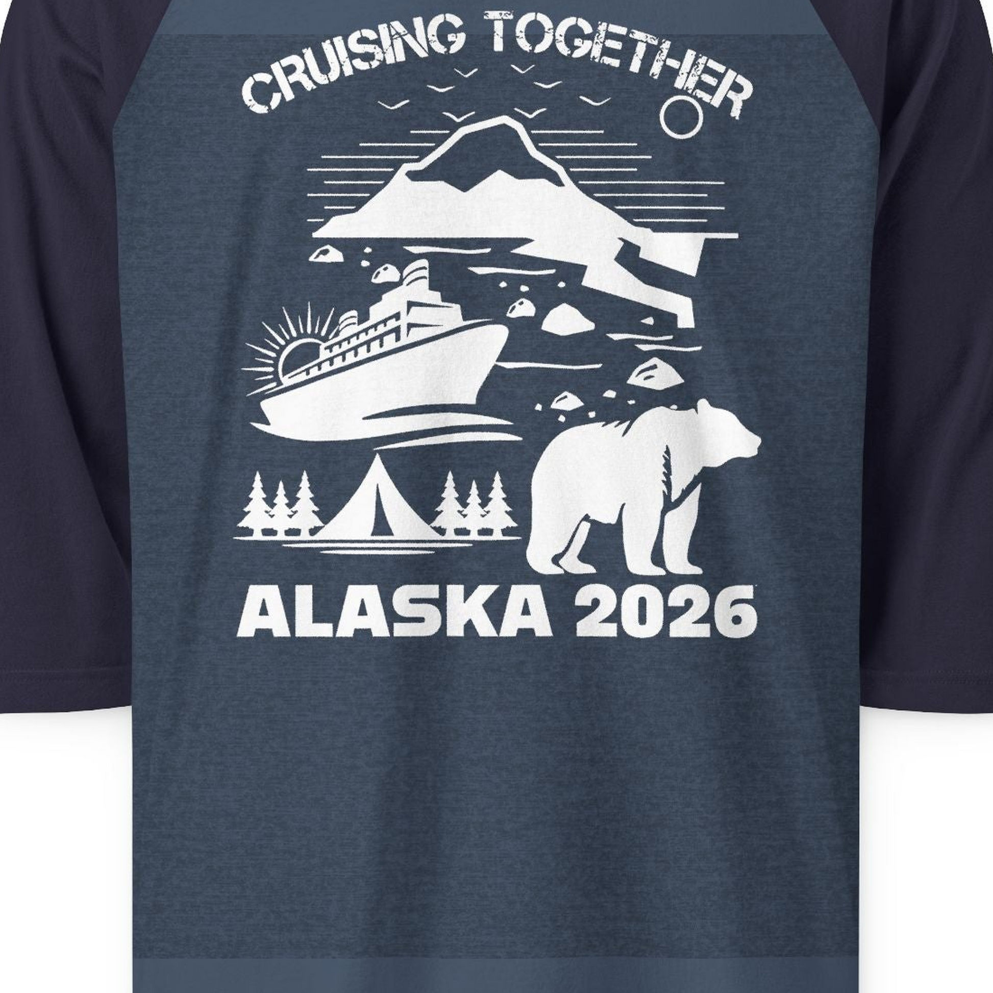 Alaska Cruise 2026 Family Adventure Bear Mountain Nature Shirt — 3/4 Sleeve 3/4 Sleeve Raglan Shirt – Heather Denim/Navy – Alaska Cruise Shirts Close Up