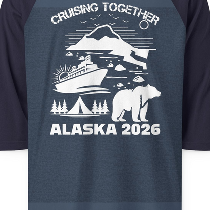 Alaska Cruise 2026 Family Adventure Bear Mountain Nature Shirt — 3/4 Sleeve 3/4 Sleeve Raglan Shirt – Heather Denim/Navy – Alaska Cruise Shirts Close Up