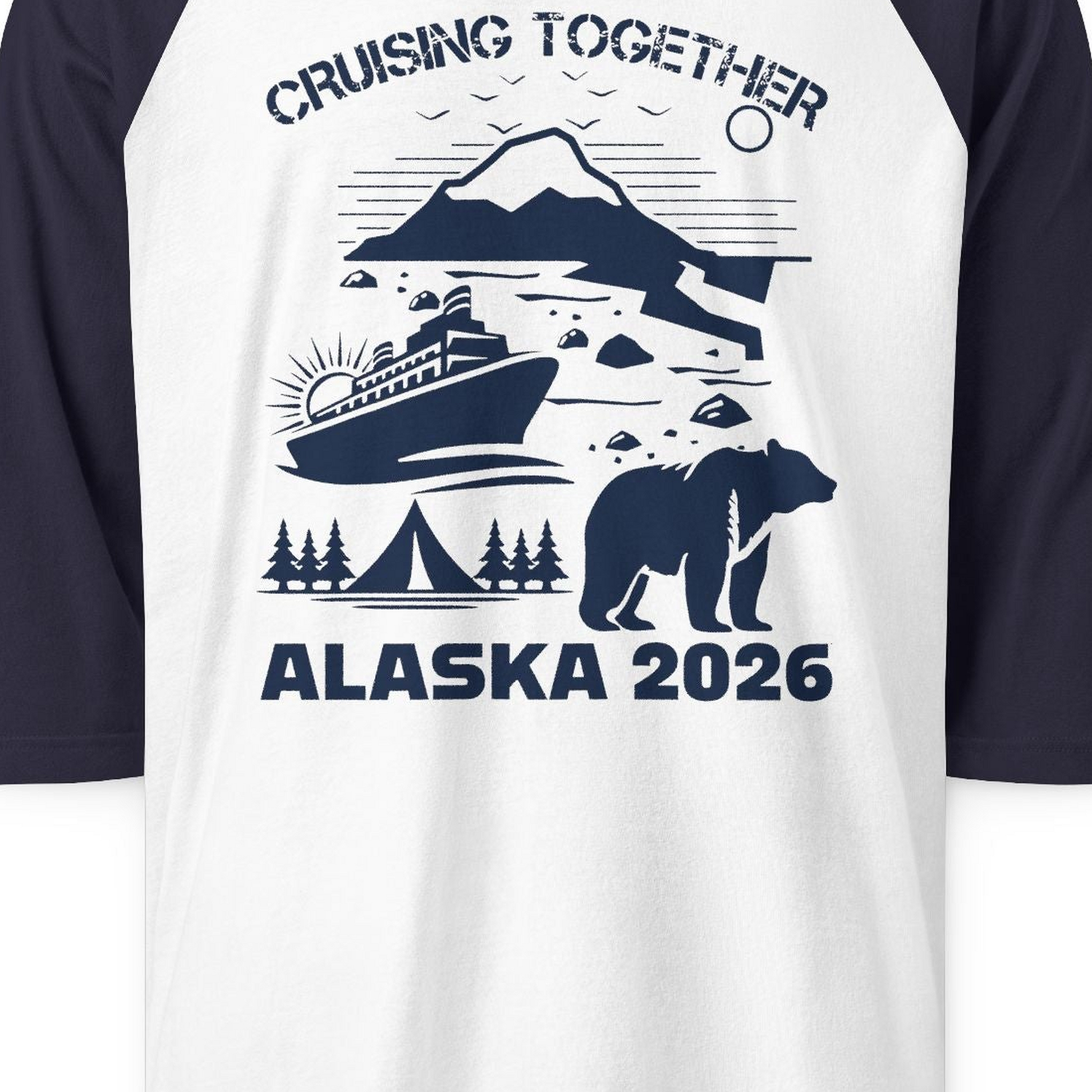 Alaska Cruise 2026 Family Adventure Bear Mountain Nature Shirt — 3/4 Sleeve 3/4 Sleeve Raglan Shirt – White/Navy – Alaska Cruise Shirts Close Up
