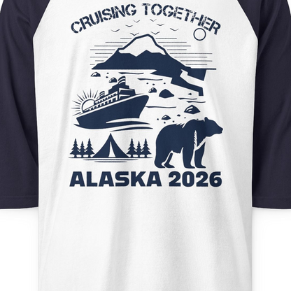 Alaska Cruise 2026 Family Adventure Bear Mountain Nature Shirt — 3/4 Sleeve 3/4 Sleeve Raglan Shirt – White/Navy – Alaska Cruise Shirts Close Up