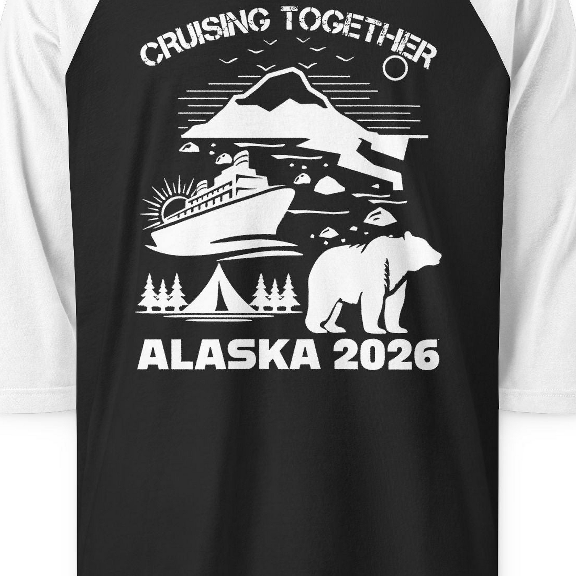 Alaska Cruise 2026 Family Adventure Bear Mountain Nature Shirt — 3/4 Sleeve 3/4 Sleeve Raglan Shirt – Black/White – Alaska Cruise Shirts Close Up