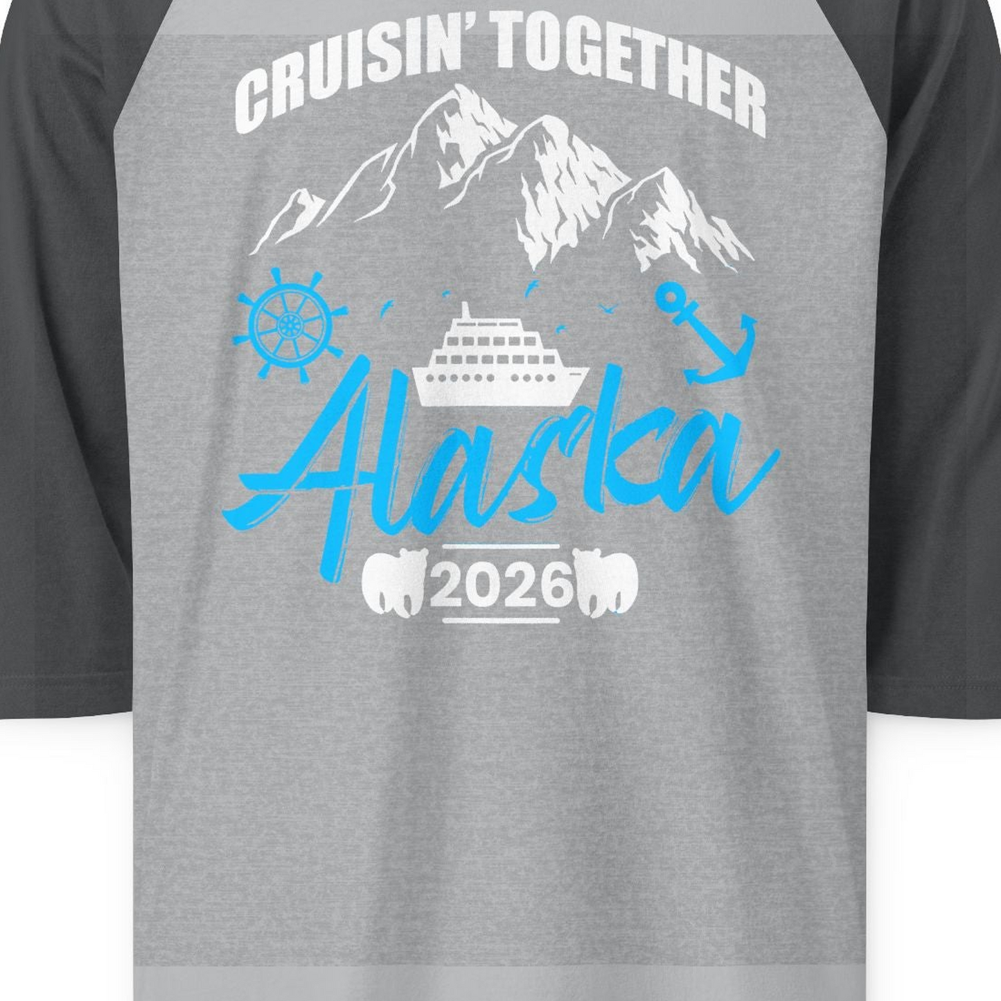 Alaska Cruise Group Adventure Shirt 3/4 Sleeve Raglan Shirt – Heather Grey/Heather Charcoal – Alaska Cruise Shirts Close Up