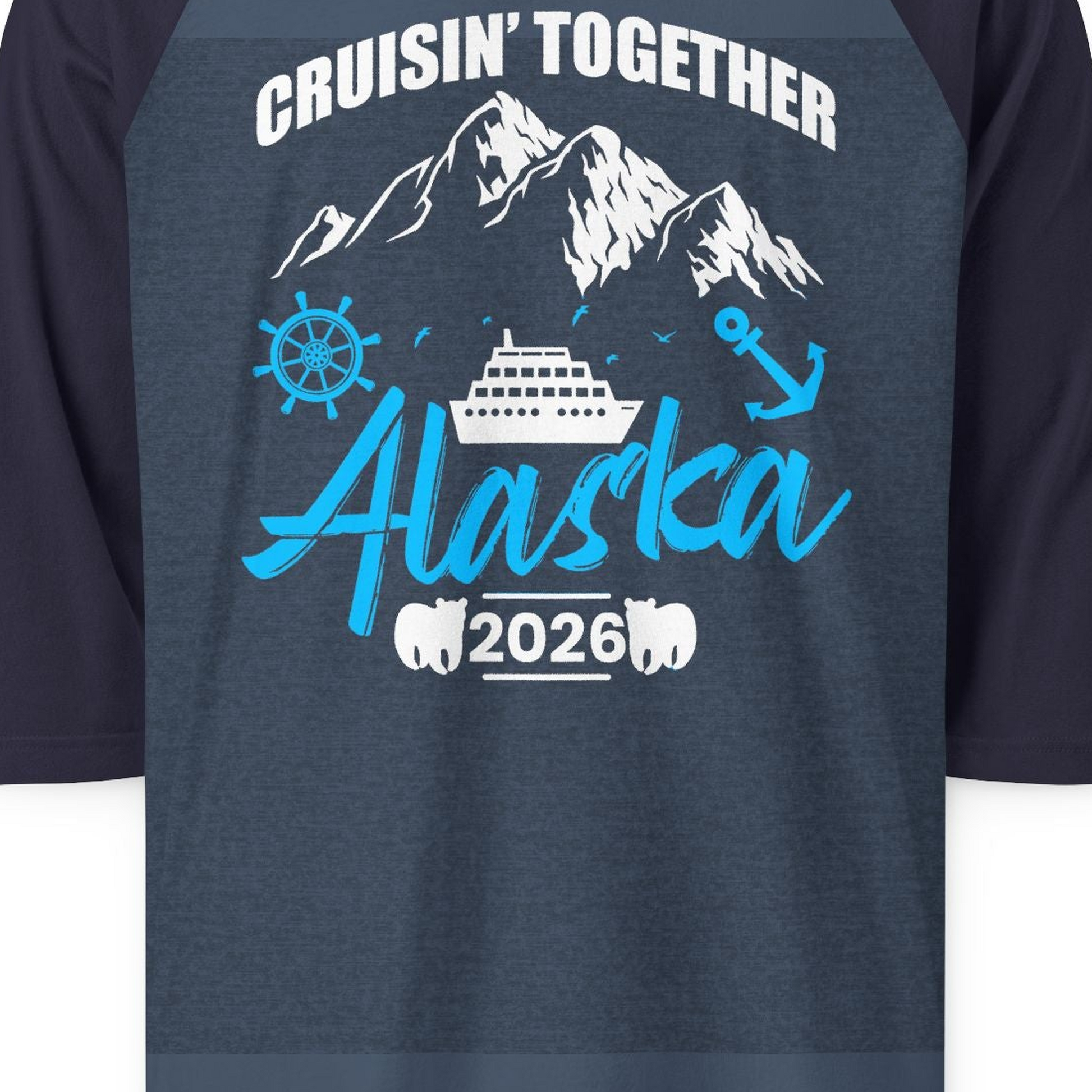Alaska Cruise Group Adventure Shirt 3/4 Sleeve Raglan Shirt – Heather Denim/Navy – Alaska Cruise Shirts Close Up