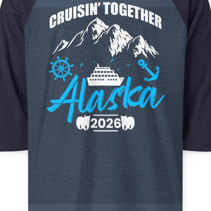 Alaska Cruise Group Adventure Shirt 3/4 Sleeve Raglan Shirt – Heather Denim/Navy – Alaska Cruise Shirts Close Up
